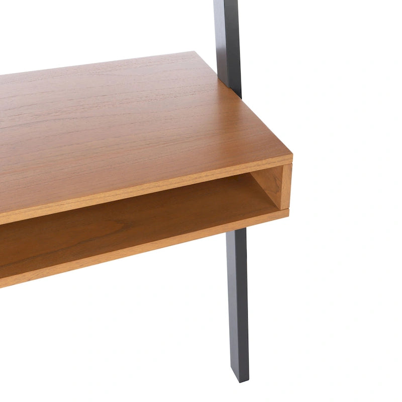 Scrivania inclinata industriale in stile rustico con 2 ripiani aperti, finitura mogano e telaio in metallo color antracite