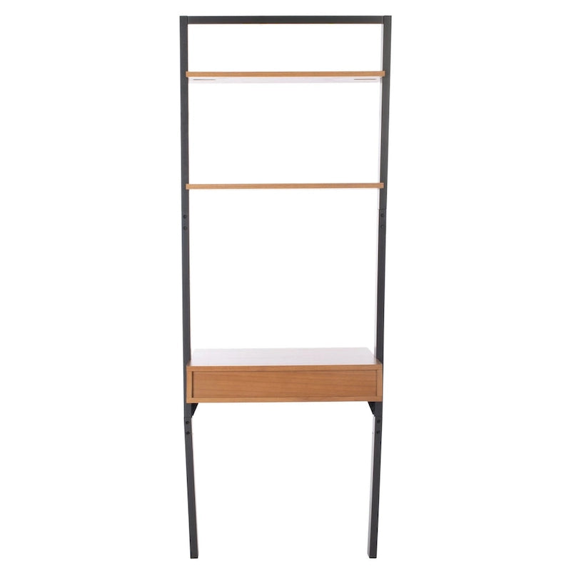 Scrivania inclinata industriale in stile rustico con 2 ripiani aperti, finitura mogano e telaio in metallo color antracite