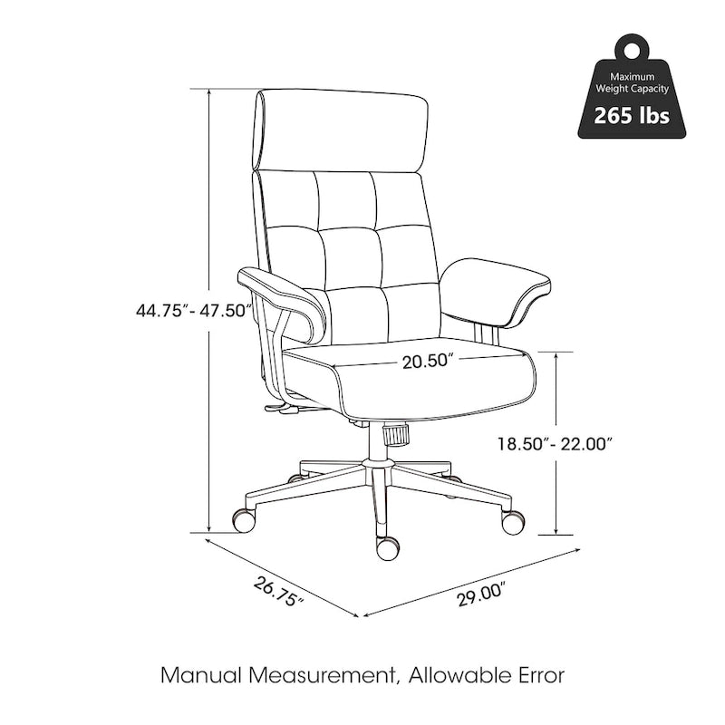 Sedia da ufficio ergonomica con schienale alto in pelle PU, schienale capitonné, girevole a 360°, capacità 120 kg