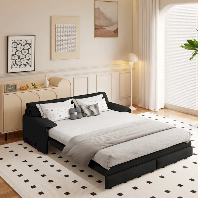 Divano letto convertibile 3-in-1 con contenitore laterale, Divano letto estraibile Queen da 66", Divano letto in velluto