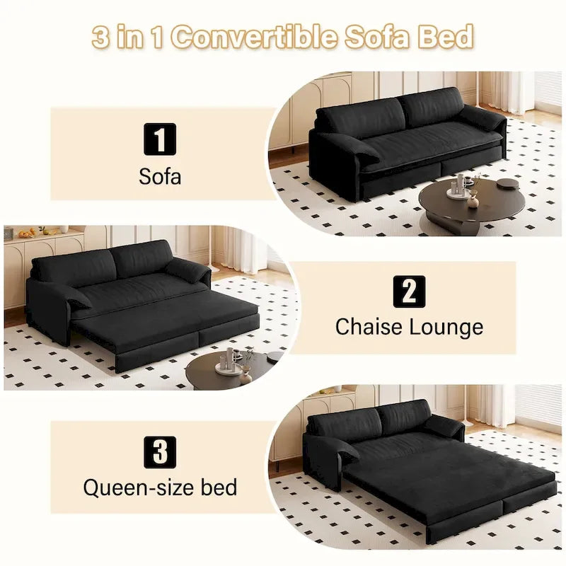 Divano letto convertibile 3-in-1 con contenitore laterale, Divano letto estraibile Queen da 66", Divano letto in velluto