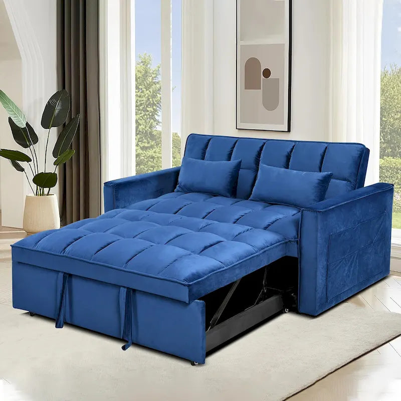 Divano letto futon moderno in velluto, divanetto piccolo con schienale reclinabile, cuscini decorativi, tasche