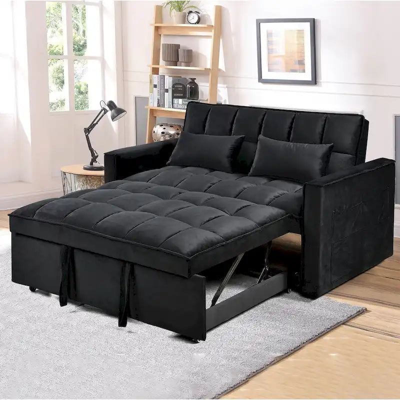 Divano letto futon moderno in velluto, divanetto piccolo con schienale reclinabile, cuscini decorativi, tasche