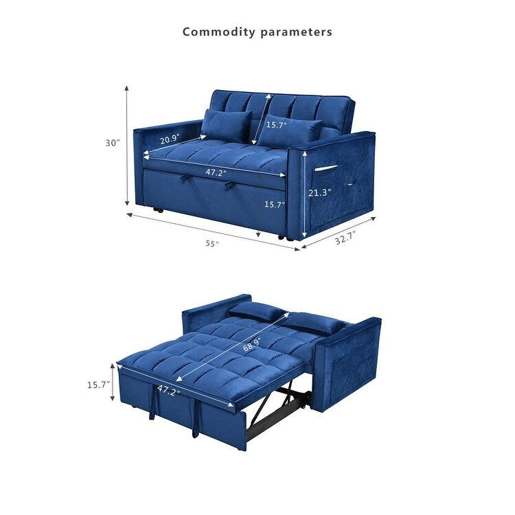 Divano letto futon moderno in velluto, divanetto piccolo con schienale reclinabile, cuscini decorativi, tasche