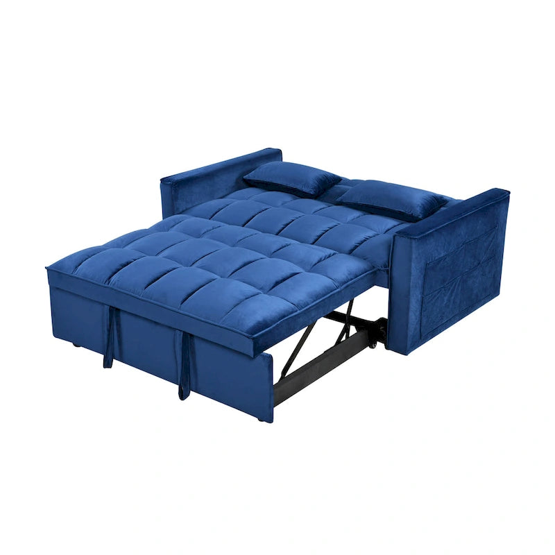 Divano letto futon moderno in velluto, divanetto piccolo con schienale reclinabile, cuscini decorativi, tasche