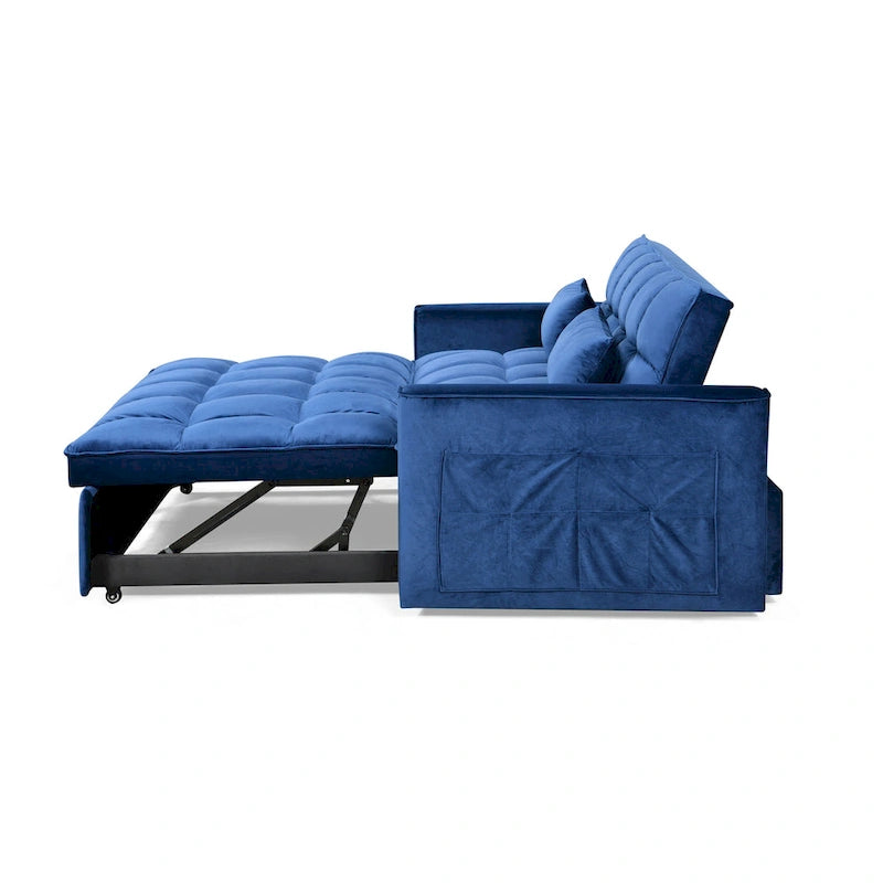 Divano letto futon moderno in velluto, divanetto piccolo con schienale reclinabile, cuscini decorativi, tasche
