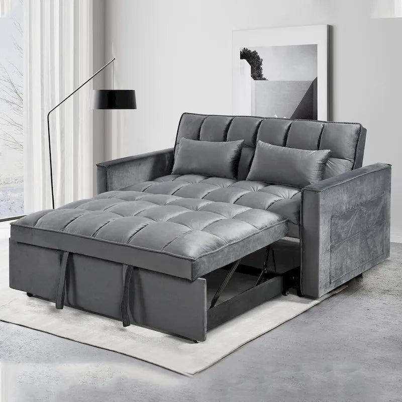 Divano letto futon moderno in velluto, divanetto piccolo con schienale reclinabile, cuscini decorativi, tasche