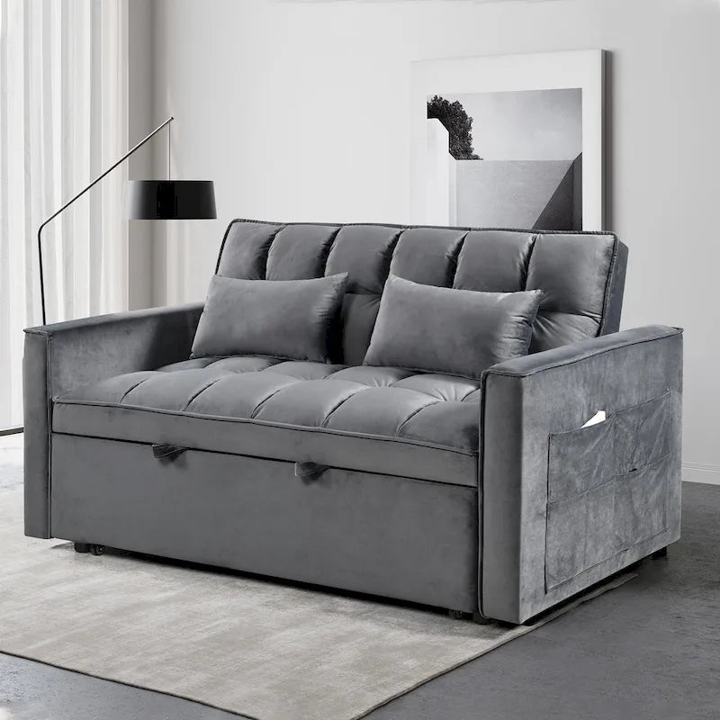 Divano letto futon moderno in velluto, divanetto piccolo con schienale reclinabile, cuscini decorativi, tasche