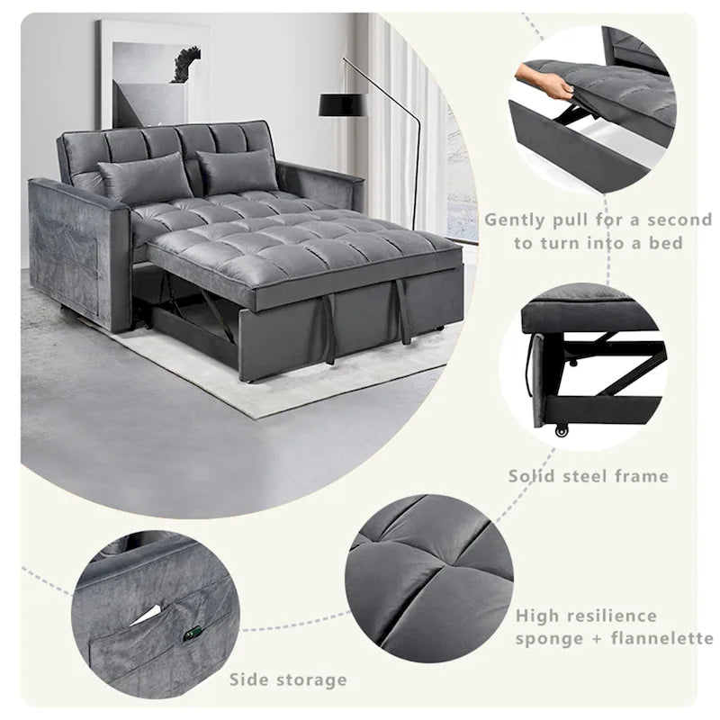 Divano letto futon moderno in velluto, divanetto piccolo con schienale reclinabile, cuscini decorativi, tasche