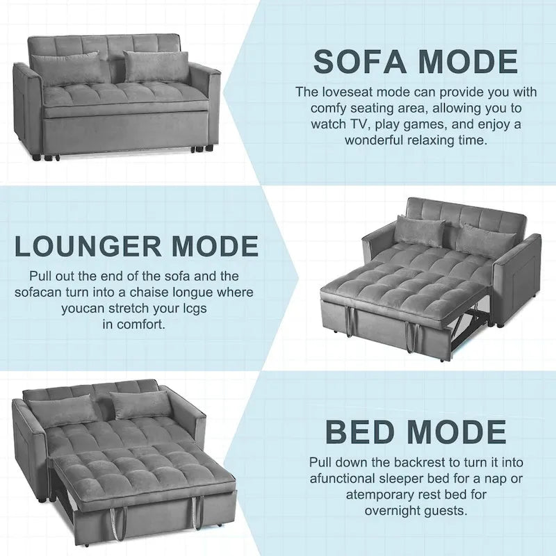 Divano letto futon moderno in velluto, divanetto piccolo con schienale reclinabile, cuscini decorativi, tasche