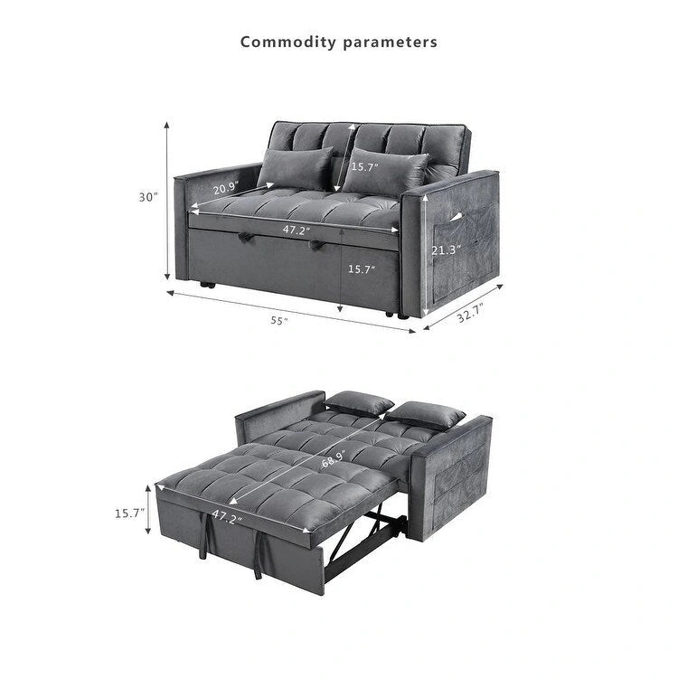 Divano letto futon moderno in velluto, divanetto piccolo con schienale reclinabile, cuscini decorativi, tasche