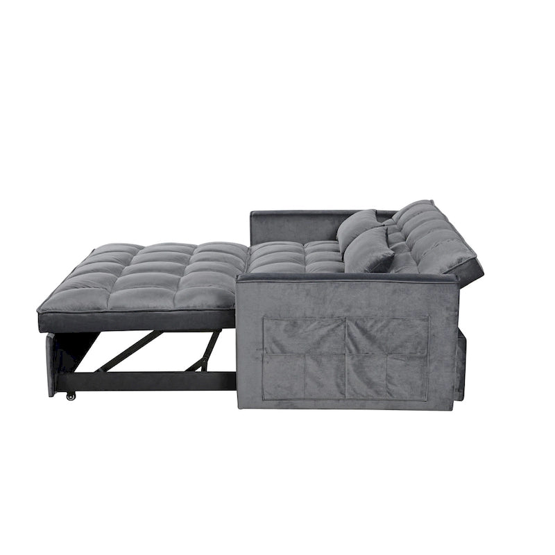 Divano letto futon moderno in velluto, divanetto piccolo con schienale reclinabile, cuscini decorativi, tasche
