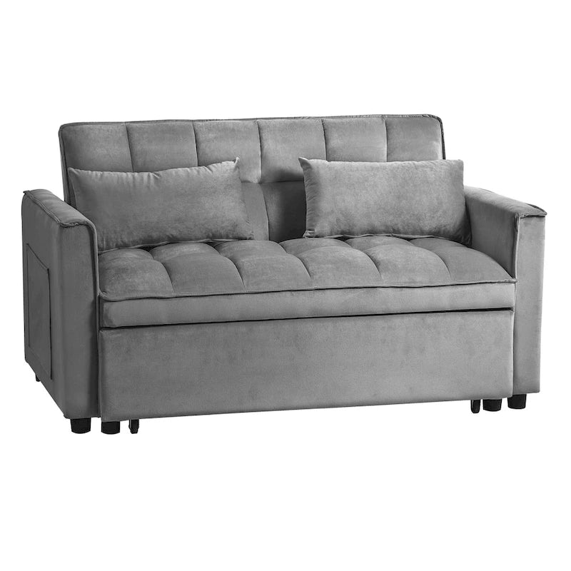 Divano letto futon moderno in velluto, divanetto piccolo con schienale reclinabile, cuscini decorativi, tasche