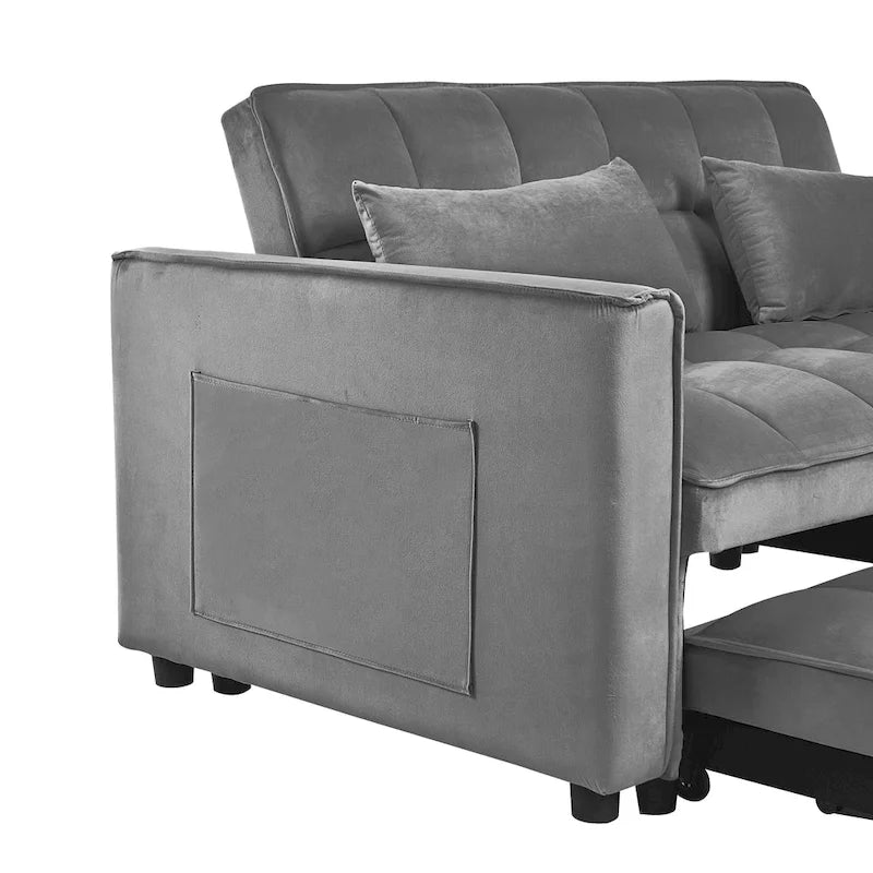 Divano letto futon moderno in velluto, divanetto piccolo con schienale reclinabile, cuscini decorativi, tasche
