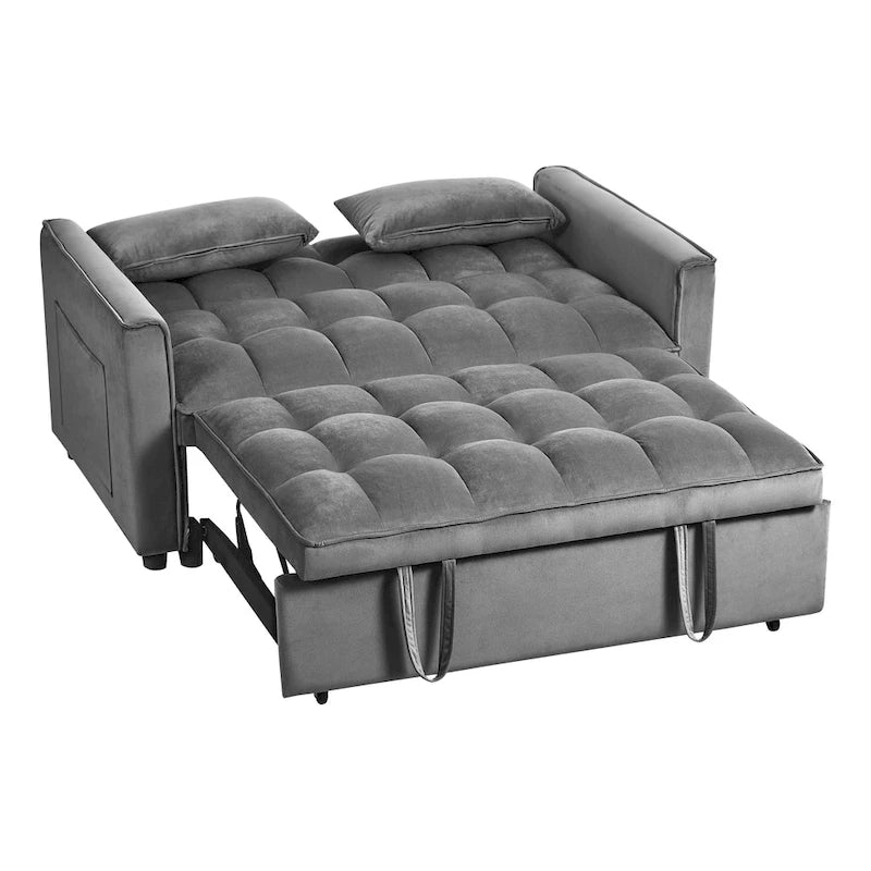 Divano letto futon moderno in velluto, divanetto piccolo con schienale reclinabile, cuscini decorativi, tasche