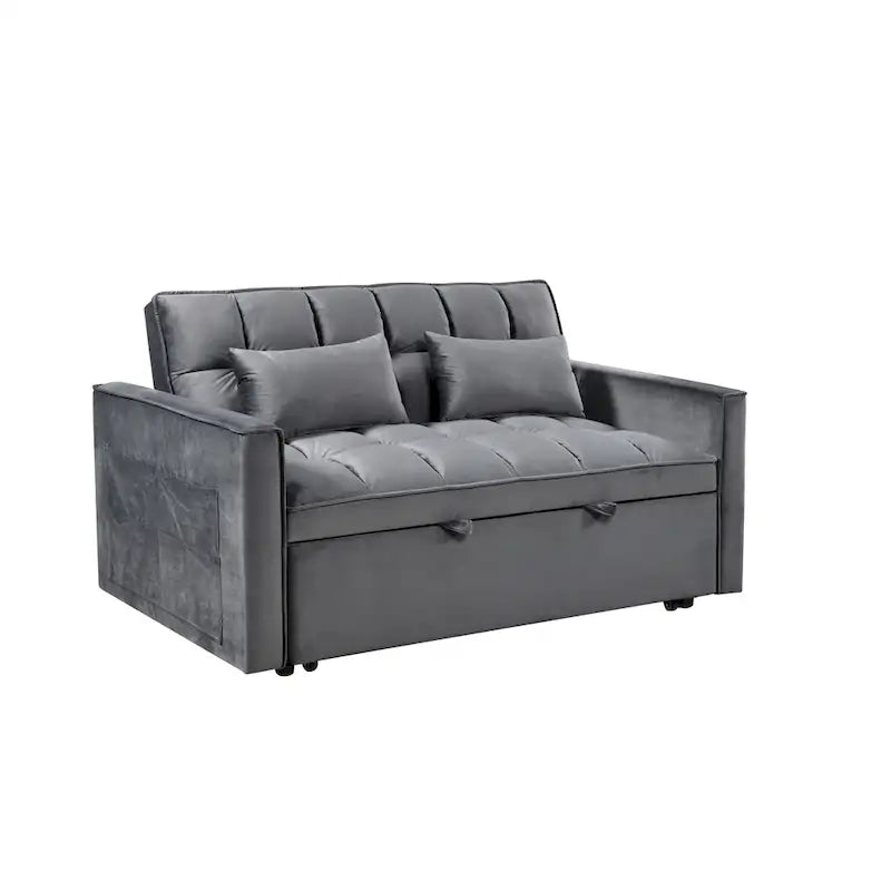 Divano letto futon moderno in velluto, divanetto piccolo con schienale reclinabile, cuscini decorativi, tasche