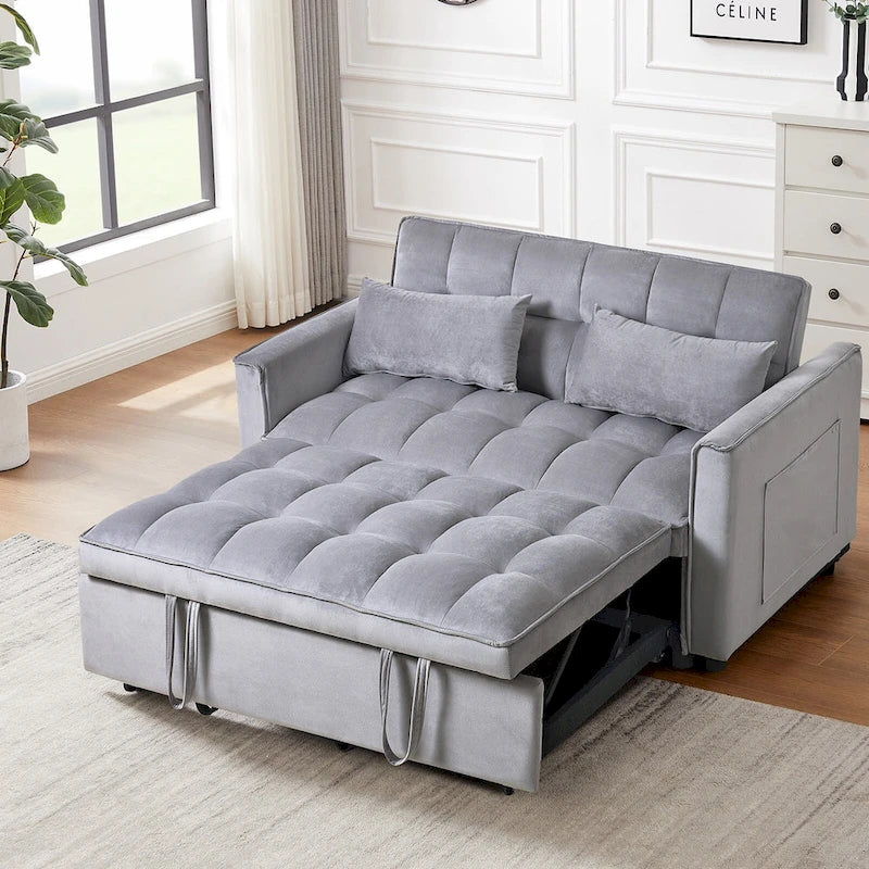 Divano letto futon moderno in velluto, divanetto piccolo con schienale reclinabile, cuscini decorativi, tasche