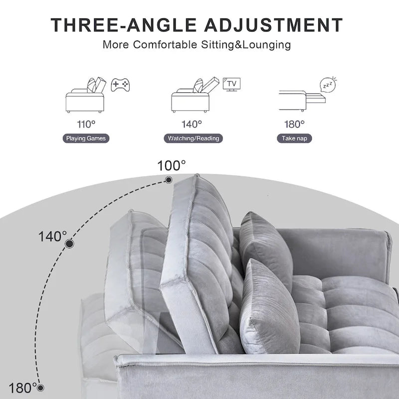 Divano letto futon moderno in velluto, divanetto piccolo con schienale reclinabile, cuscini decorativi, tasche