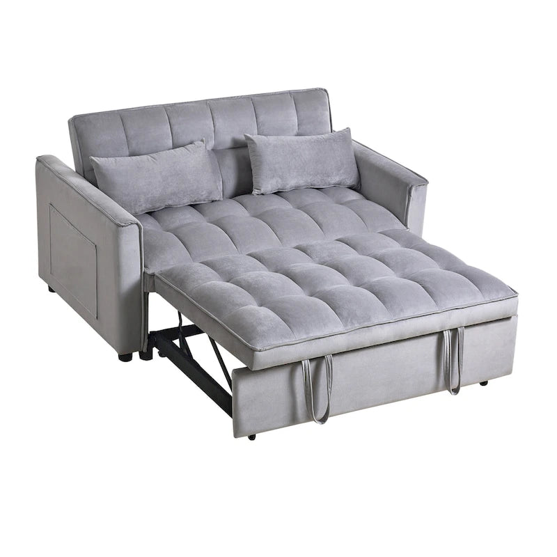 Divano letto futon moderno in velluto, divanetto piccolo con schienale reclinabile, cuscini decorativi, tasche
