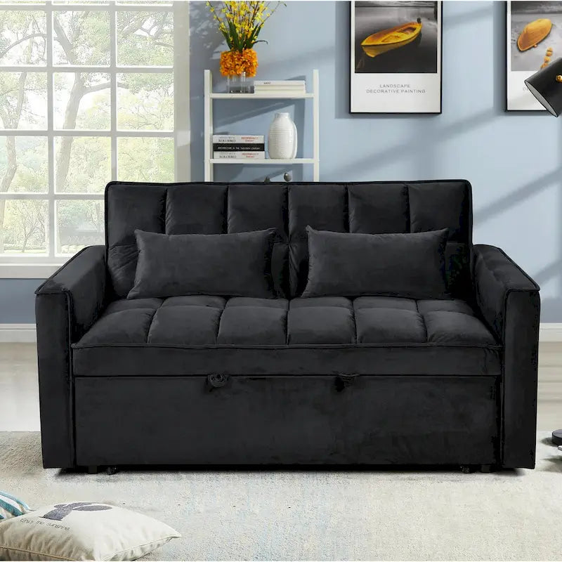 Divano letto futon moderno in velluto, divanetto piccolo con schienale reclinabile, cuscini decorativi, tasche