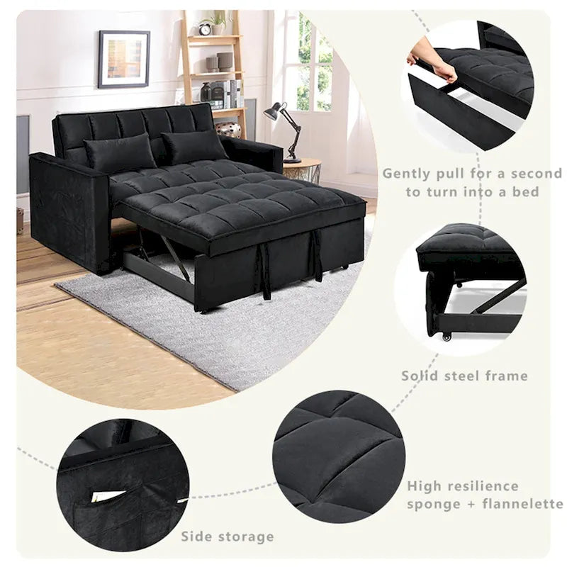 Divano letto futon moderno in velluto, divanetto piccolo con schienale reclinabile, cuscini decorativi, tasche