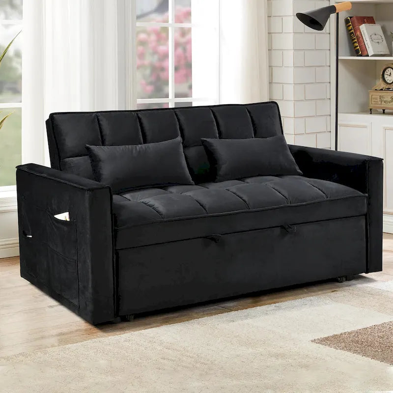 Divano letto futon moderno in velluto, divanetto piccolo con schienale reclinabile, cuscini decorativi, tasche