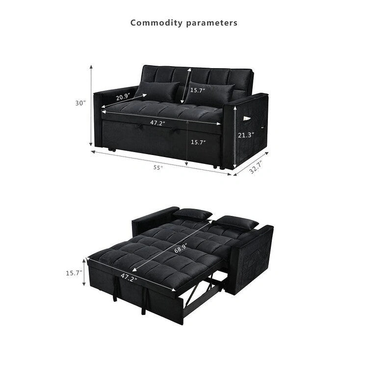 Divano letto futon moderno in velluto, divanetto piccolo con schienale reclinabile, cuscini decorativi, tasche