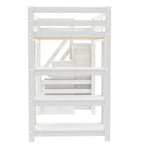 Letto a soppalco matrimoniale/full size con piccolo armadio e scala contenitore, struttura letto a soppalco in legno massello con luce a LED e ripiani portaoggetti