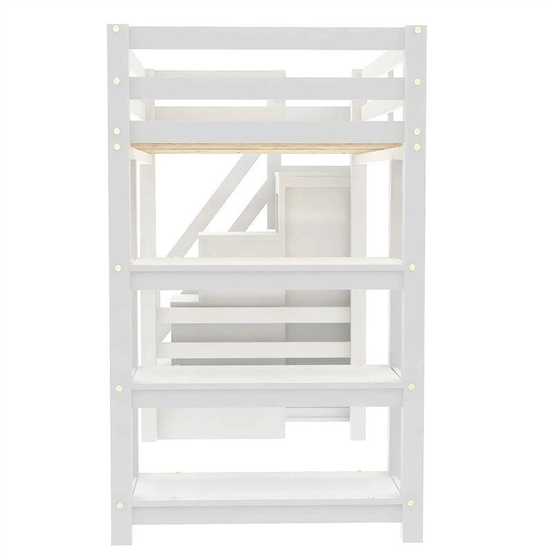 Letto a soppalco matrimoniale/full size con piccolo armadio e scala contenitore, struttura letto a soppalco in legno massello con luce a LED e ripiani portaoggetti