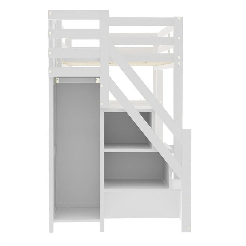 Letto a soppalco matrimoniale/full size con piccolo armadio e scala contenitore, struttura letto a soppalco in legno massello con luce a LED e ripiani portaoggetti