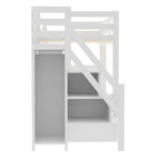 Letto a soppalco matrimoniale/full size con piccolo armadio e scala contenitore, struttura letto a soppalco in legno massello con luce a LED e ripiani portaoggetti