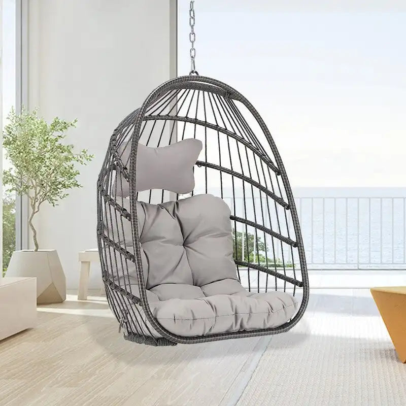 Poltrona Sospesa a Uovo in Rattan PE e Struttura Verniciata a Polvere, Capacità 158 kg, Uso Interno/Esterno
