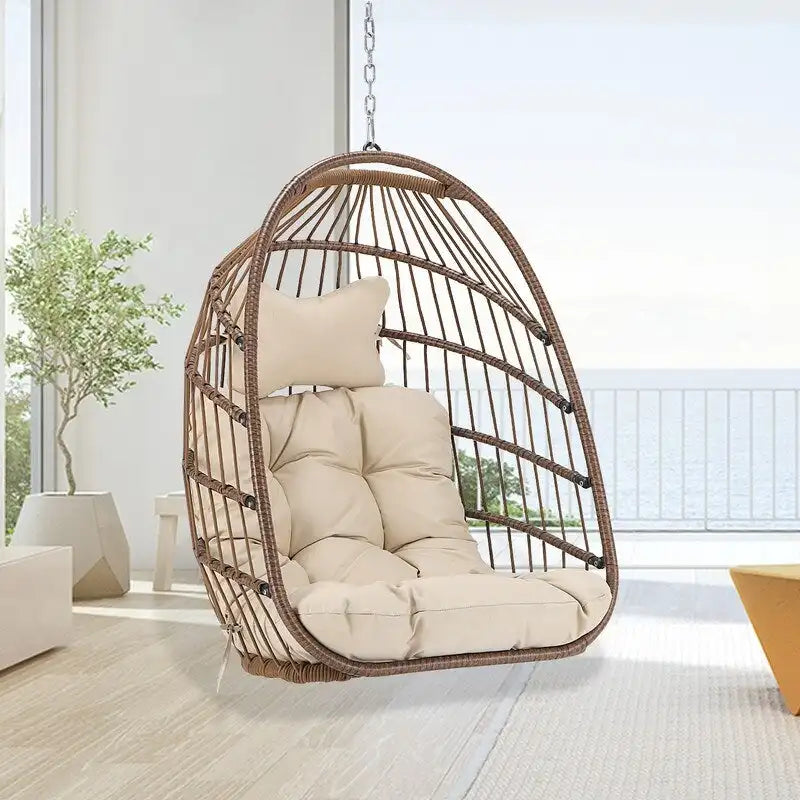 Poltrona Sospesa a Uovo in Rattan PE e Struttura Verniciata a Polvere, Capacità 158 kg, Uso Interno/Esterno