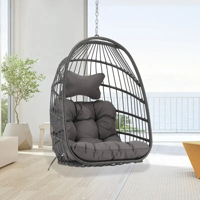 Poltrona Sospesa a Uovo in Rattan PE e Struttura Verniciata a Polvere, Capacità 158 kg, Uso Interno/Esterno