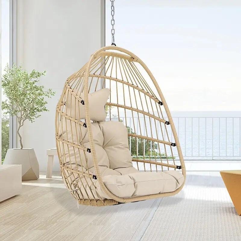Poltrona Sospesa a Uovo in Rattan PE e Struttura Verniciata a Polvere, Capacità 158 kg, Uso Interno/Esterno