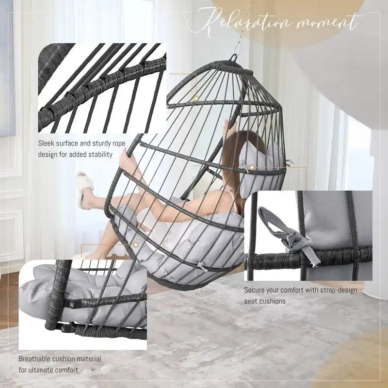Poltrona Sospesa a Uovo in Rattan PE e Struttura Verniciata a Polvere, Capacità 158 kg, Uso Interno/Esterno