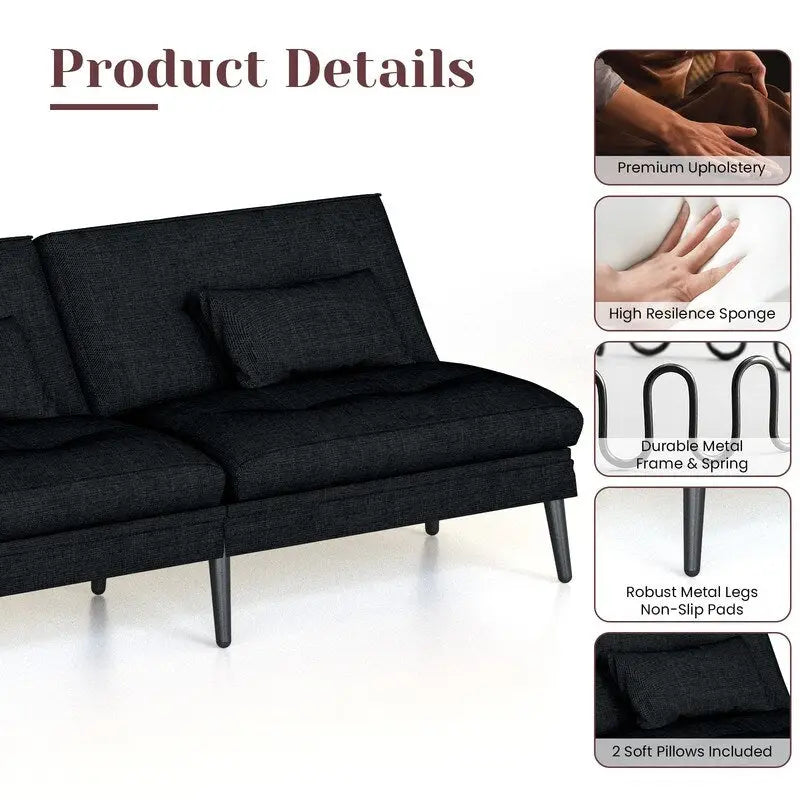 Divano letto futon convertibile Grondin, divano letto con schienale regolabile in 5 posizioni con 2 cuscini, reclinabile in stile moderno
