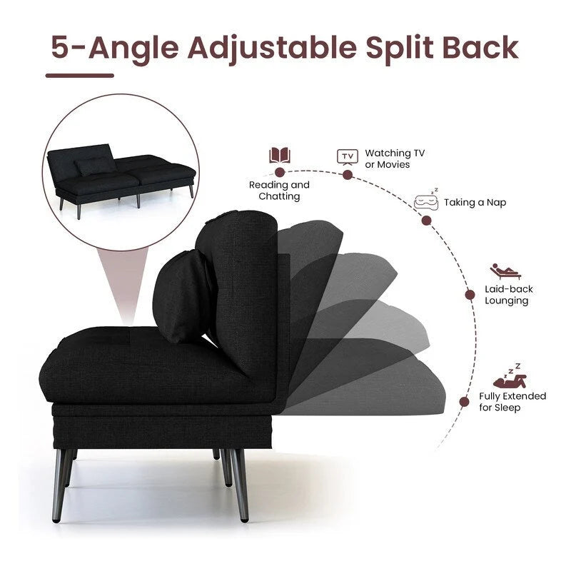 Divano letto futon convertibile Grondin, divano letto con schienale regolabile in 5 posizioni con 2 cuscini, reclinabile in stile moderno