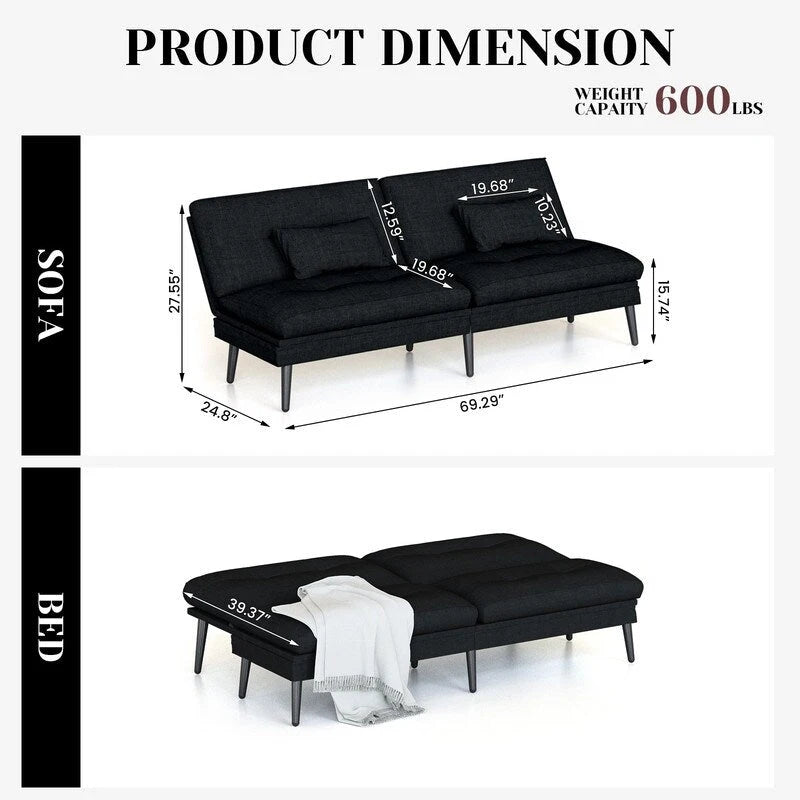 Divano letto futon convertibile Grondin, divano letto con schienale regolabile in 5 posizioni con 2 cuscini, reclinabile in stile moderno