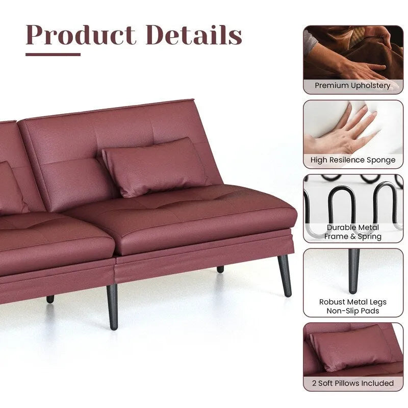 Divano letto futon convertibile Grondin, divano letto con schienale regolabile in 5 posizioni con 2 cuscini, reclinabile in stile moderno