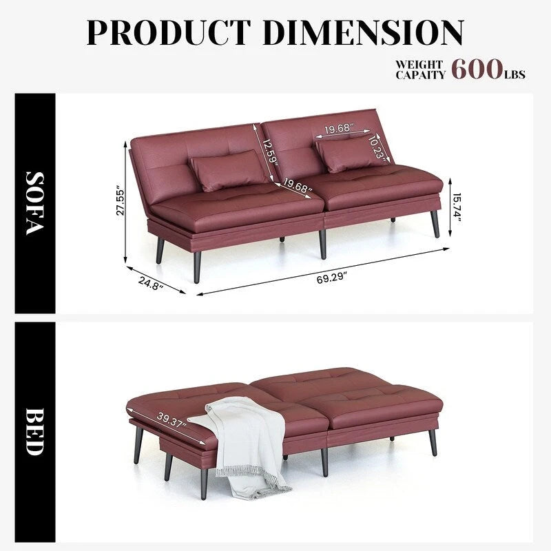 Divano letto futon convertibile Grondin, divano letto con schienale regolabile in 5 posizioni con 2 cuscini, reclinabile in stile moderno