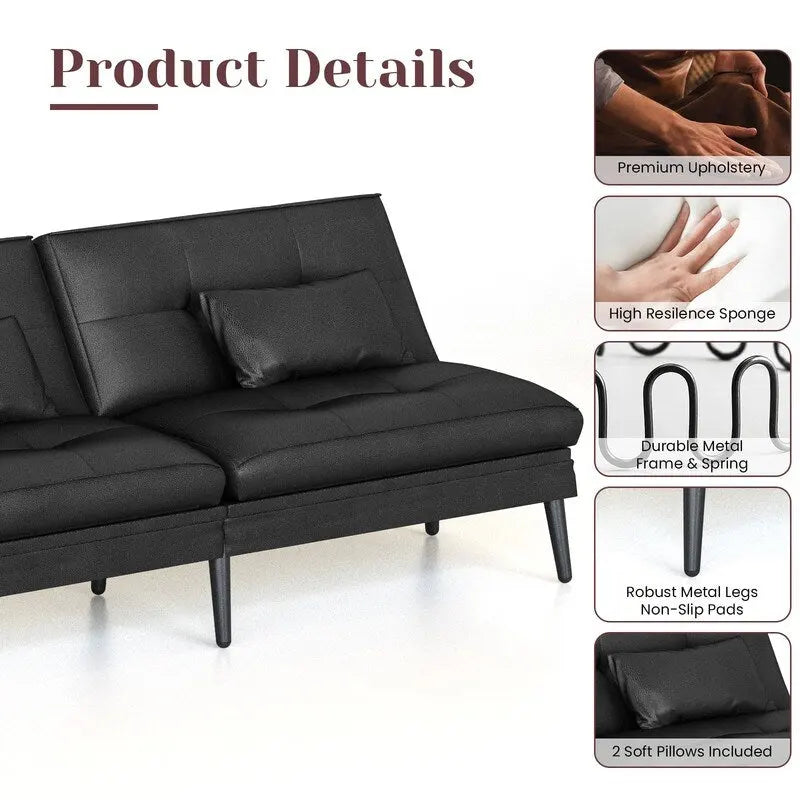 Divano letto futon convertibile Grondin, divano letto con schienale regolabile in 5 posizioni con 2 cuscini, reclinabile in stile moderno