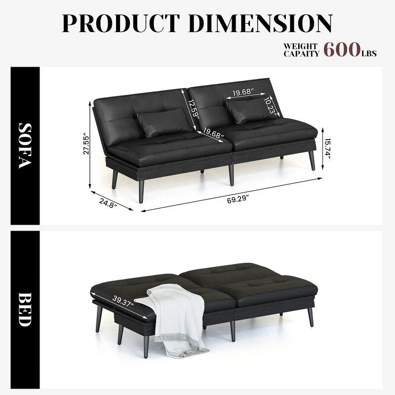 Divano letto futon convertibile Grondin, divano letto con schienale regolabile in 5 posizioni con 2 cuscini, reclinabile in stile moderno