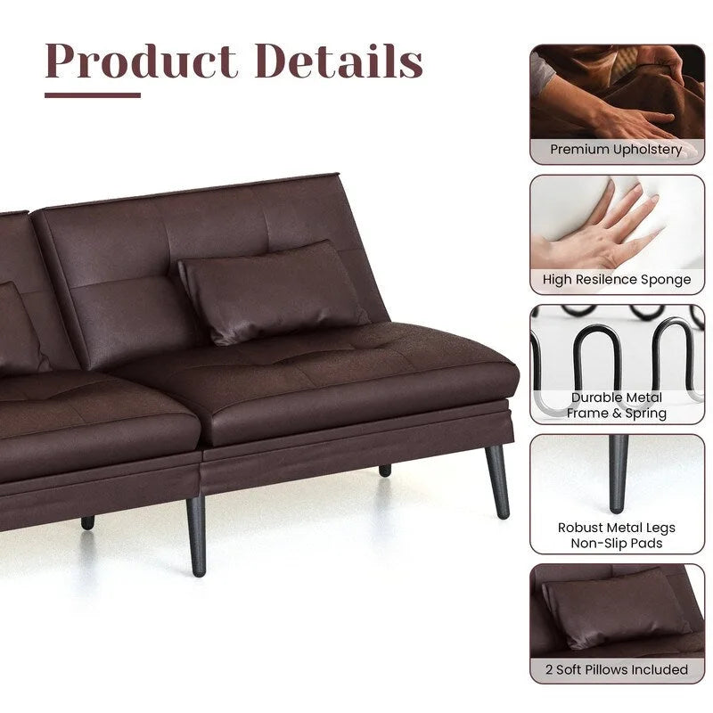 Divano letto futon convertibile Grondin, divano letto con schienale regolabile in 5 posizioni con 2 cuscini, reclinabile in stile moderno