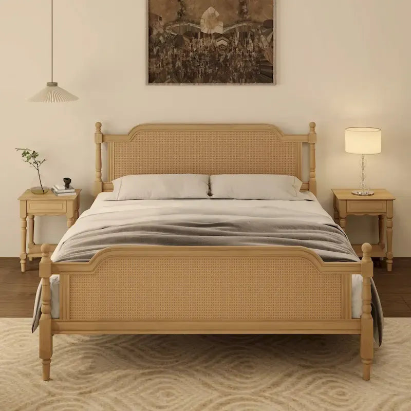 Letto a piattaforma in stile tradizionale con testiera e pediera in rattan per camera da letto