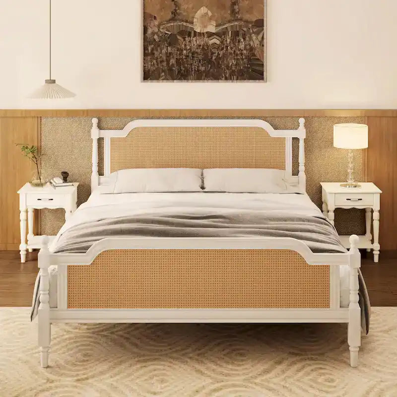 Letto a piattaforma in stile tradizionale con testiera e pediera in rattan per camera da letto