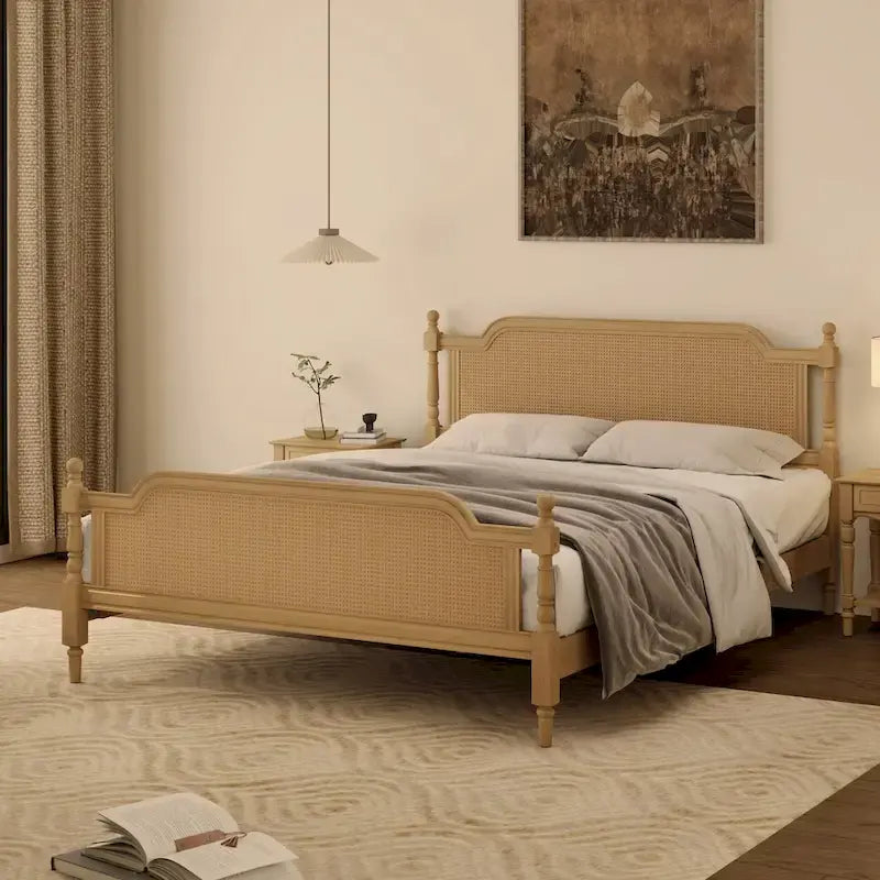 Letto a piattaforma in stile tradizionale con testiera e pediera in rattan per camera da letto