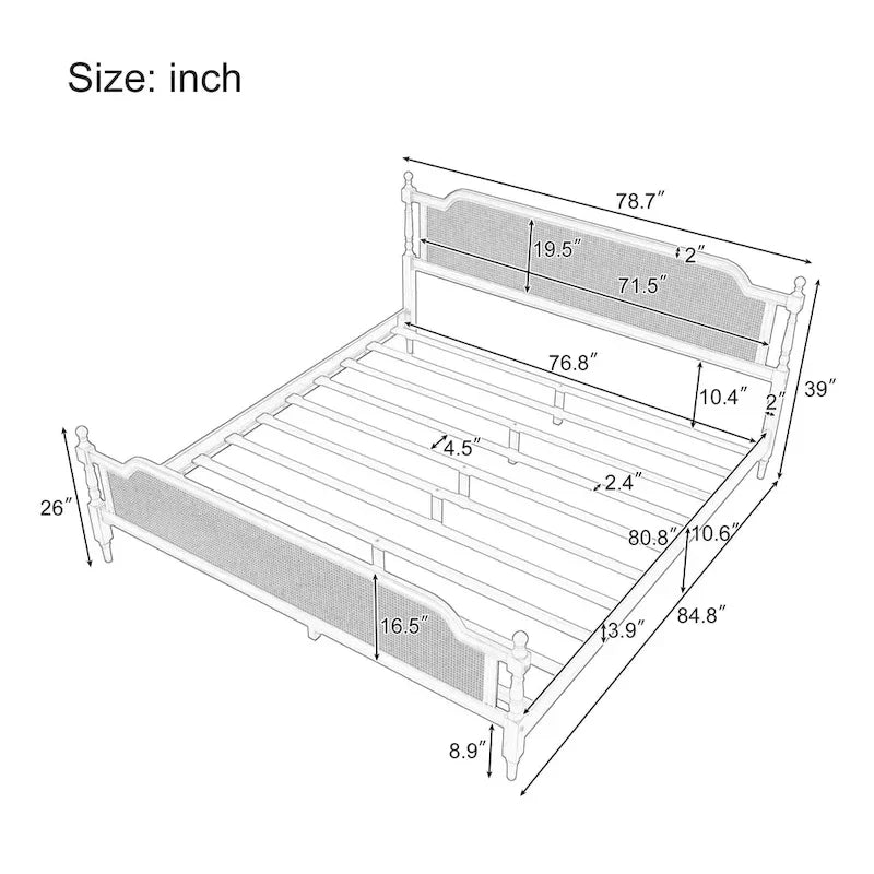 Letto a piattaforma in stile tradizionale con testiera e pediera in rattan per camera da letto