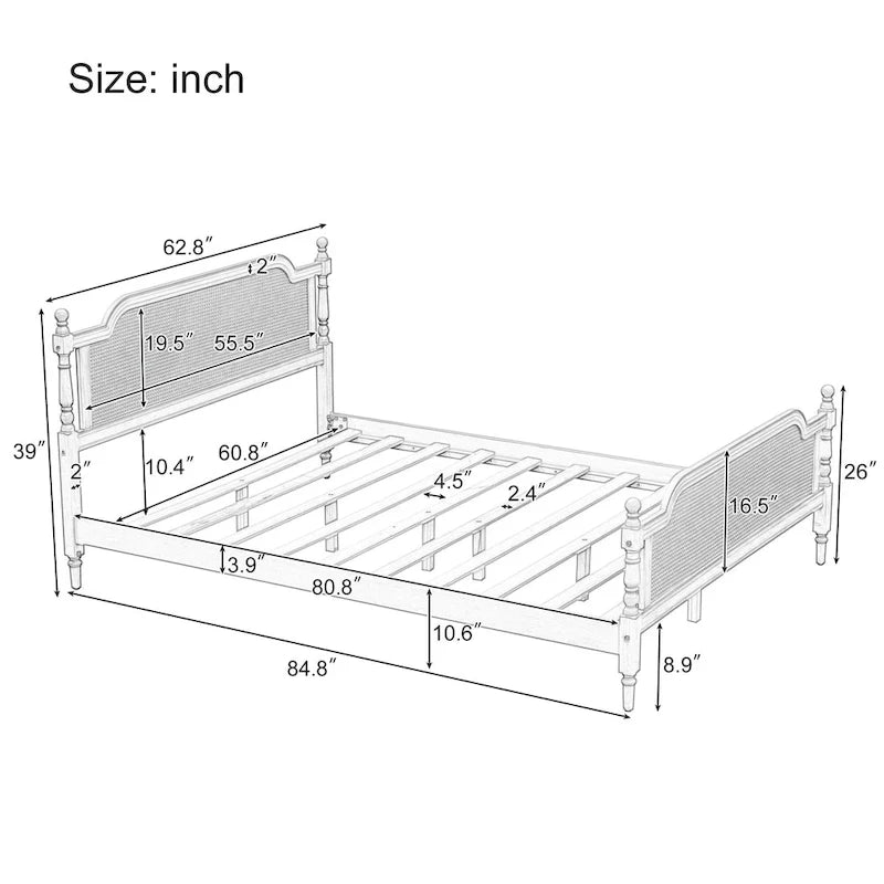 Letto a piattaforma in stile tradizionale con testiera e pediera in rattan per camera da letto