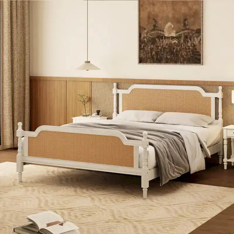 Letto a piattaforma in stile tradizionale con testiera e pediera in rattan per camera da letto